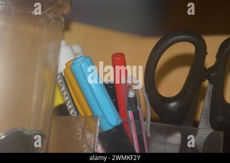 close up view of stationery for children's schools, used for learning and facilitating the learning process. no people. Stock Photo