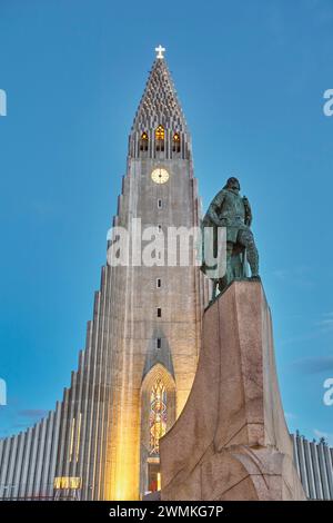 Hallgrimskirkja Church at dusk; Reykjavik, Iceland Stock Photo