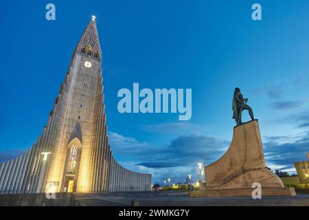 Hallgrimskirkja Church at dusk; Reykjavik, Iceland Stock Photo