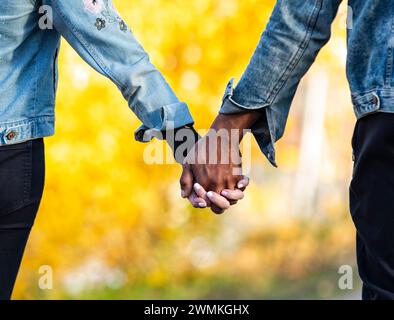 Close-up of the clasped hands of a mixed race couple, holding hands and spending quality time together during a fall family outing in a city park Stock Photo