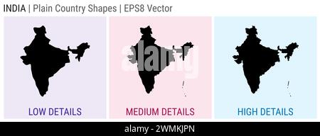 India - plain country shape. Low, medium and high detailed maps of India. EPS8 Vector illustration. Stock Vector