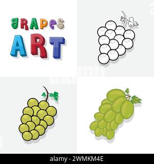 Grapes art sketch, colouring page, flat and realistic grapes fruit illustration for kids Stock Vector