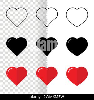 Set of hearts icons, red, black, line art vector illustration Stock Vector