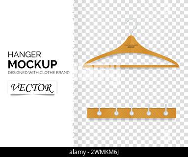 Realistic clothes wooden hanger or hook wall vector design template, clipart or mock up for advertising Stock Vector