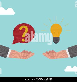 Question and answer, businessman hand holding question mark with other reply with lightbulb. solving problem or business solution Stock Vector
