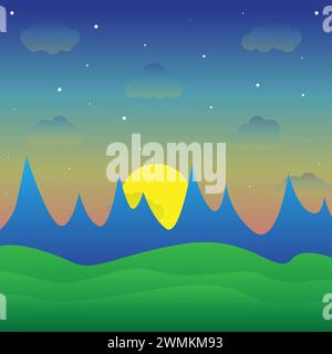 Lovely nature landscape modern style sunset illustration, with stylish flat design, house, trees, banner and field cartoon background Stock Vector