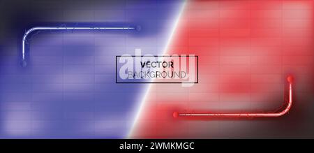 Futuristic background with neon blue and red colour squares, steam and bricks wall Stock Vector