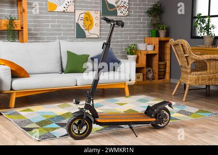 Scooter Inner Design Interior of living room with electric scooter, shelf units and pin ...