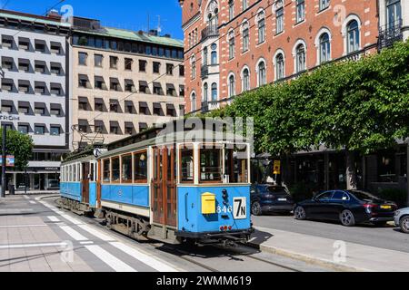 stockholm, sweden, 02 aug 2023, vintage streetcar in the old town *** stockholm, schweden, 02. aug 2023, alte straßenbahn in der altstadt Copyright: xWolfgangxSimlingerx Stock Photo