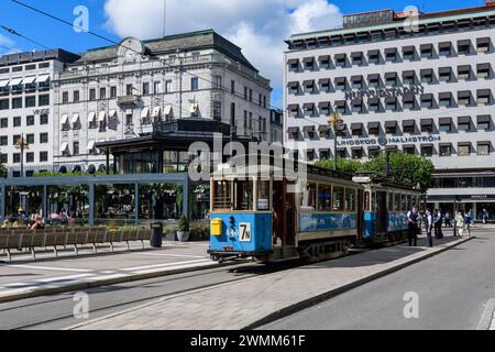 stockholm, sweden, 02 aug 2023, vintage streetcar in the old town *** stockholm, schweden, 02. aug 2023, alte straßenbahn in der altstadt Copyright: xWolfgangxSimlingerx Stock Photo