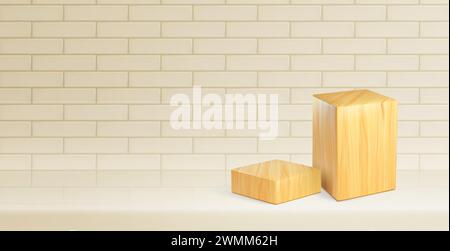 Cube wooden podium for product showcase in room with brick wall. Realistic vector of pastel beige scene with rectangular high and low platforms with texture of light brown wood for goods presentation. Stock Vector