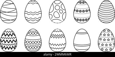 Black and white Easter eggs collection. Spring linear egg icon set with different ornaments. Doodle style Easter illustration pack for banner, poster, card, invitation, print, stickers. Vector bundle Stock Vector