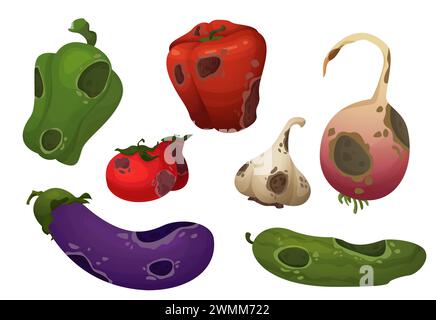 Rotten danger vegetables with rot and mold. Cartoon vector illustration set of dirty spoiled products for compost or recycle concept. Bad damaged unhealthy moldy meal contaminated with fungal spots. Stock Vector