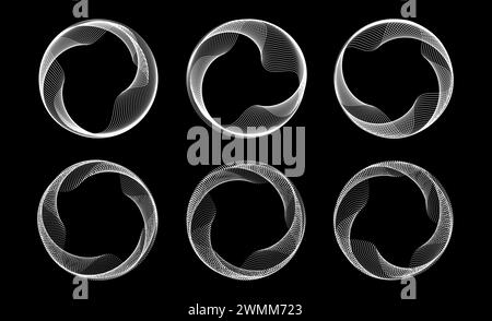 Blend linear and dotted circle frames set. Black and white round border collection. Curved wave dots and lined circles on black background. Circular tech border pack. Vector design element bundle Stock Vector