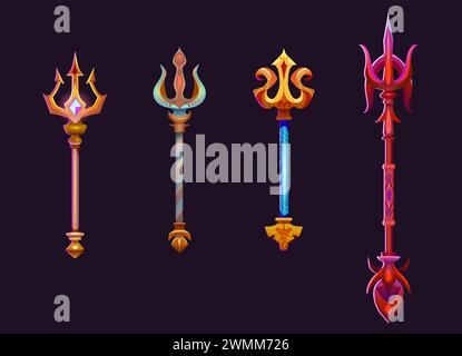 Magic tridents set isolated on black background. Vector cartoon illustration of golden spear forks decorated with gemstones, game rank asset, poseidon power symbol, nautical weapon, ui design elements Stock Vector
