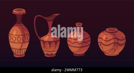 Ancient vases set isolated on black background. Vector cartoon illustration of antique pottery, vessels with cracks and ornament patterns, brown clay jar, amphora, ceramic urn, history museum exhibits Stock Vector