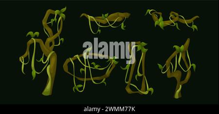 Jungle liana vines with green leaves. Cartoon vector illustration collection of rainforest tree creeping branches with foliage. Long ivy climbing plant stem and rope. Tropical hanging vegetation. Stock Vector