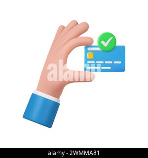 3D cartoon hand of businessman holds debit or credit card with green check mark. Concept of contactless payment or online shopping and online banking. Stock Vector