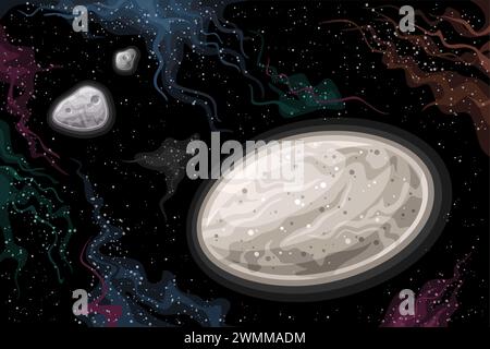 Vector Fantasy Space Chart, horizontal poster with cartoon design dwarf planet Haumea with moons Hi'iaka and Namaka in deep space, decorative futurist Stock Vector