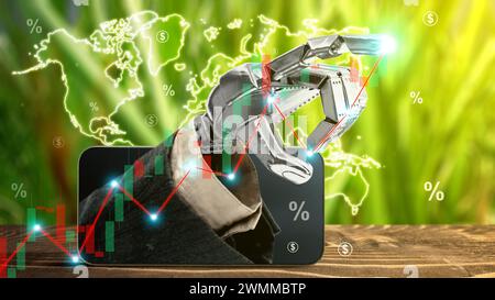 Robotic hand through mobile phone screen showing increases in profitability graph. Profitability concept Stock Photo