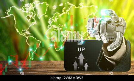 Robotic hand through mobile phone screen showing increases in profitability graph. Profitability concept Stock Photo