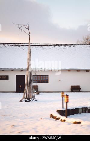 A small fireplace with logs, including a single pole Stock Photo