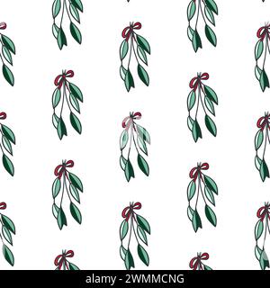 Christmas Winter Branches, Omela, Leaves Doodle with Bow Sketch Hand drawn Seamless Pattern Background Stock Photo