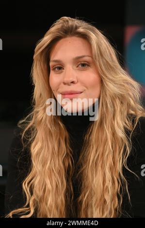 Cologne, Germany. 26th Feb, 2024. Activist Anja Windl, Last Generation Austria, as a guest on the ARD talk show Hart aber Fair with the topic 'Mountains without snow: Is Alpine tourism still okay? Credit: Horst Galuschka/dpa/Alamy Live News Stock Photo