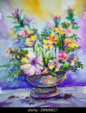 Art painting Hand drawn Watercolor fower in vase from thailand Stock Photo