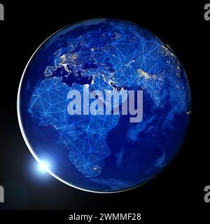 Global communication network over the world. Digital information technology infrastructure concept. Elements of this image furnished by NASA. Stock Photo