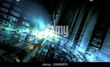 Dynamic digital vortex with glowing lights and geometric patterns in a spectrum of blues and greens. 3d render Stock Photo