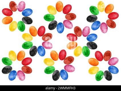 Pattern of multi colored ellipses on white background. Ellipses form circles. They resemble shape of flowers. In circle, all ovals have different colo Stock Photo