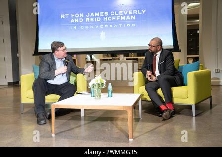 Home Secretary James Cleverly (right) holds a Q&A with American internet entrepreneur, venture capitalist, podcaster, author and LinkedIn co-founder, Reid Hoffman at the Microsoft offices in San Francisco, California. Picture date: Monday February 26, 2024. Stock Photo