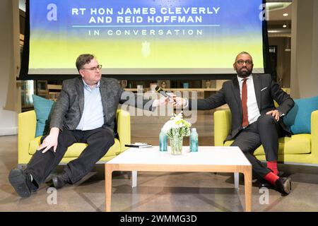 Home Secretary James Cleverly (right) holds a Q&A with American internet entrepreneur, venture capitalist, podcaster, author and LinkedIn co-founder, Reid Hoffman at the Microsoft offices in San Francisco, California. Picture date: Monday February 26, 2024. Stock Photo