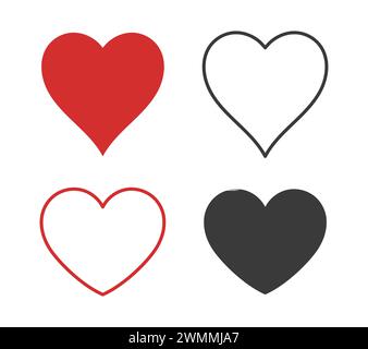 Hearts flat icons. Red, black and outline heart icon. Love icon. Vector illustration. Stock Vector