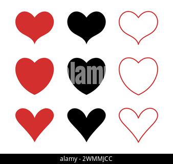 Hearts flat icons. Red, black and outline heart icon. Love icon. Vector illustration. Stock Vector