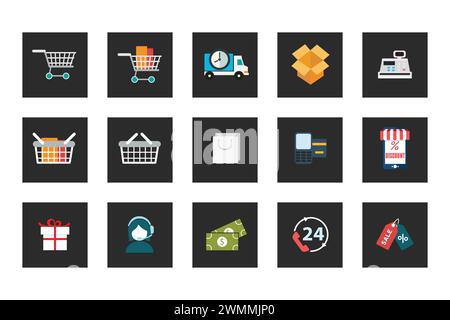 Vector collection of colorful flat ecommerce optimization icons with color. Design elements for mobile and web applications. Stock Vector