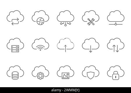 Set of 15 line icons related to data exchange, traffic, files, cloud, server. Outline icon collection. Editable stroke. Vector illustration Stock Vector