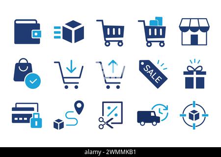 E-commerce Marketplace icon set. Online shopping and delivery elements. E-business symbol. Solid icons vector collection. Stock Vector