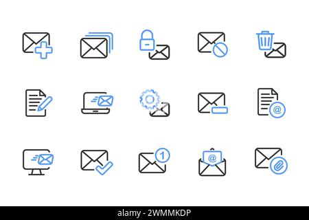 Mailing outline icon set black and blue. Containing mail, email, mailbox, letter, post office icons. Outline icon collection. Vector illustration. Stock Vector