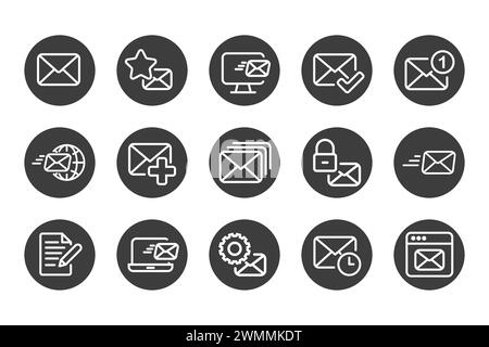 Mailing solid icon set black and white. Containing mail, email, mailbox, letter, post office icons. Outline icon collection. Vector illustration. Stock Vector