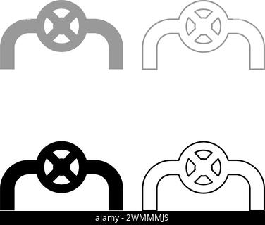 Pipe with valve pipeline with fitting tap flow control industry system set icon grey black color vector illustration image simple solid fill outline Stock Vector