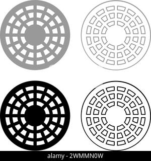 Sewer hatch manhole cover set icon grey black color vector illustration image simple solid fill outline contour line thin flat style Stock Vector