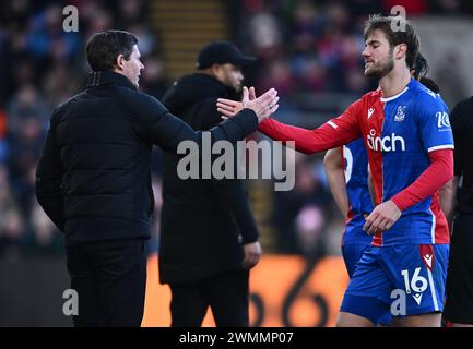 LONDON, ENGLAND - FEBRUARY 24: Oliver Glasner, the manager of Crystal Palace and Joachim Andersen during the Premier League match between Crystal Pala Stock Photo