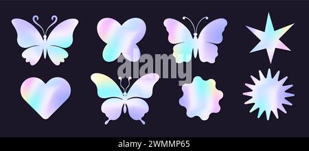 Holographic y2k future metal butterfly badge, stamp, trendy colored sticker set heart and abstract shapes. Silver foil tag collection. Vector illustration Stock Vector