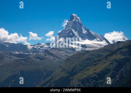 The Matterhorn peak over the Mattertal valley in Walliser aslps. Stock Photo