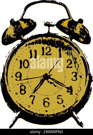 A vintage bedside clock illustration featuring two bells atop and traditional handles for time adjustment. Stock Vector