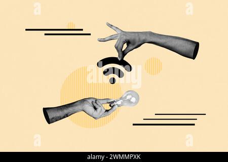 Concept collage of contemporary design image smart lightbulb control using wifi connection to save electricity isolated on beige background Stock Photo