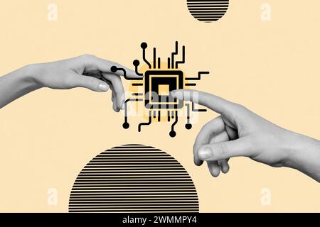 Collage photo illustration of modern microchip processor point fingers new technology in industry cpu intel isolated on beige background Stock Photo