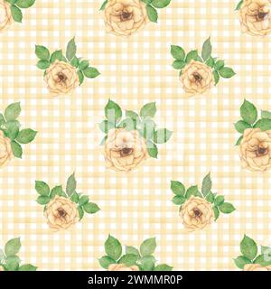 Seamless pattern with watercolor roses and yellow stripes. Orange and yellow roses, leaves, yellow stripes, checkered pattern on a white background. F Stock Photo